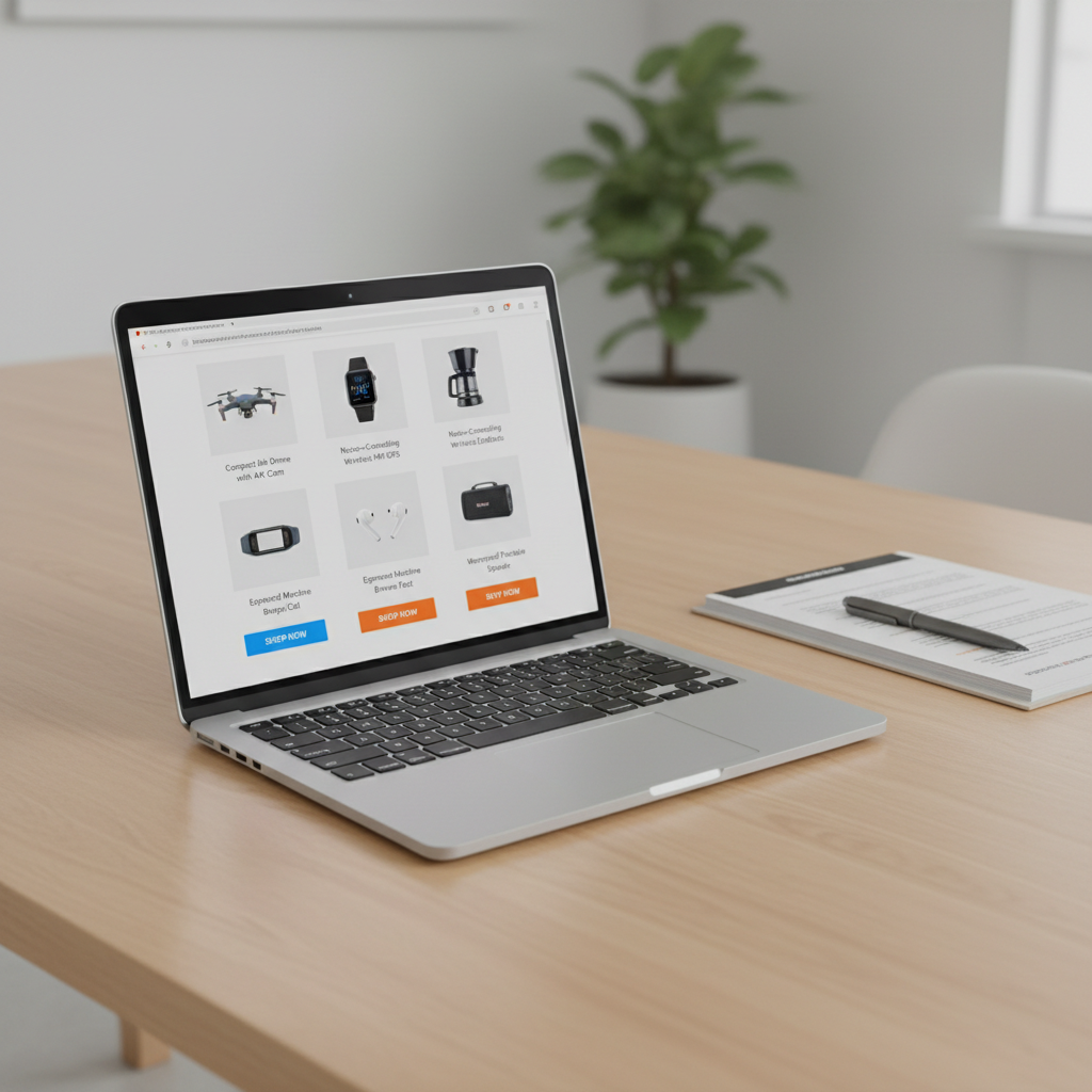 An open silver laptop displays a clean web browser page with multiple affiliate product listings, each with crisp images, brief descriptions, and vibrant call-to-action buttons. The laptop rests on a polished, light oak table, with a neat stack of business documents and a sleek graphite pen meticulously arranged beside it. Neutral, soft studio lighting casts mild, controlled shadows and crisp highlights, creating a sense of composure. The shot is composed from a three-quarters elevated angle, capturing the orderly workspace with balanced composition and shallow depth of field to emphasize the laptop screen. The scene’s modern, corporate aesthetic feels efficient, focused, and entirely digital, supporting the tech-driven and structured nature of affiliate marketing.