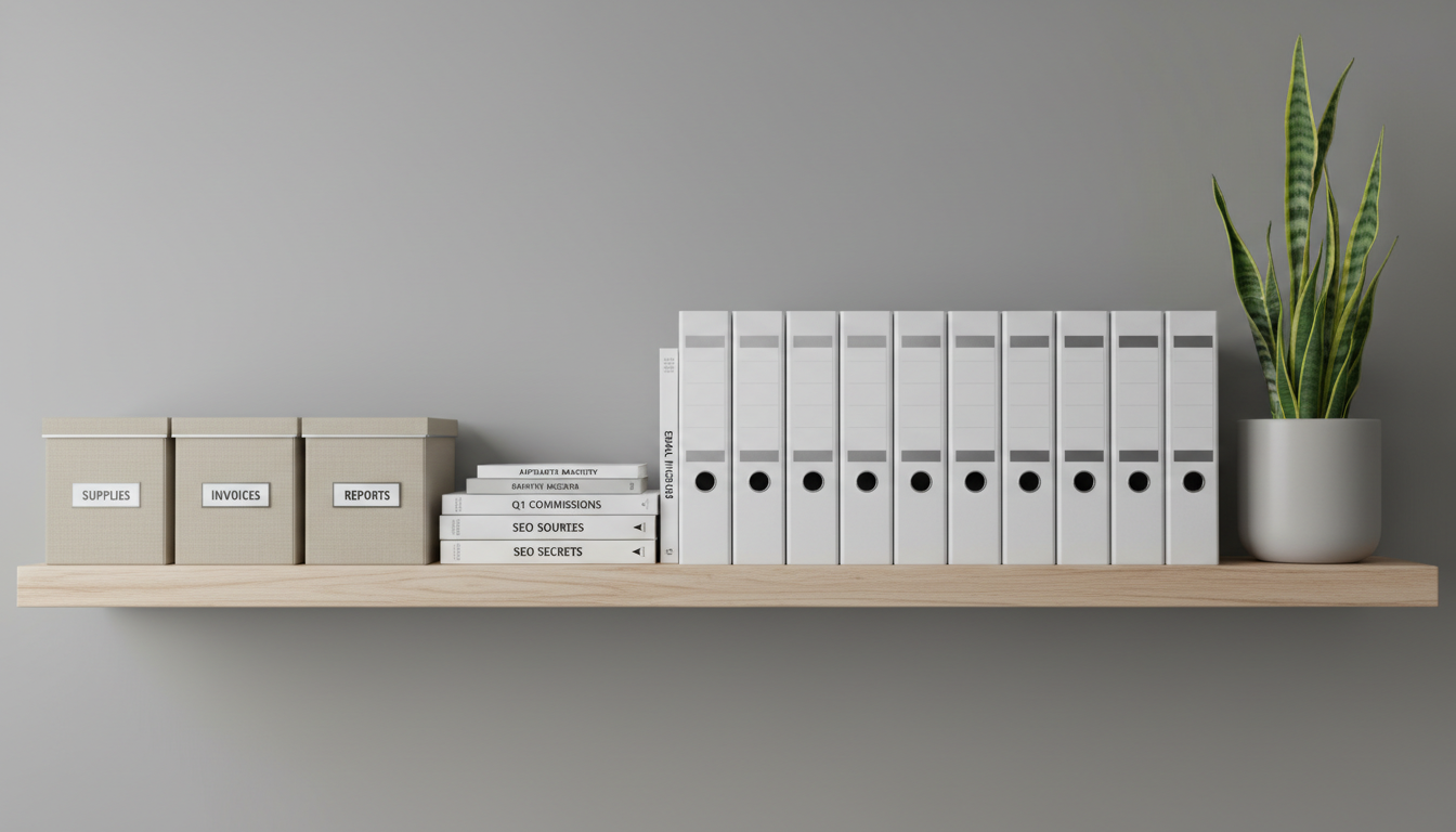 A meticulously organized office shelf features labeled storage boxes, glossy hardcover marketing books, and a series of pristine white binders each marked with subtle silver labels indicating different affiliate campaigns, commissions, and tracking strategies. The shelf is set against a smooth, neutral-grey wall, with a single sleek plant in a matte ceramic planter adding a touch of organic texture. Indirect, diffused overhead lighting gently illuminates the scene, reducing harsh shadows and emphasizing clean lines. Captured with a centered, straight-on composition and sharp focus throughout, the atmosphere is calm, efficient, and highly professional—ideal for evoking trust and structure within an affiliate marketing business context.