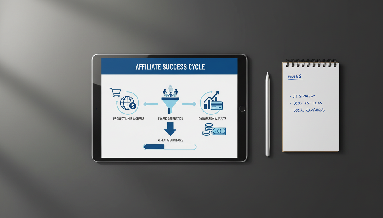 A refined tablet device displays a visually engaging infographic summarizing the affiliate marketing process—clear icons for product links, traffic flow, and commission payouts—rendered in a contemporary, corporate palette of blues, whites, and muted greys. The tablet lies on a smooth charcoal grey conference table, flanked by a slim notepad with precise handwriting and a high-quality metallic stylus. Subtle daylight streams through a nearby window, subtly backlighting the tablet and casting a soft glow on its surface. The image is framed from a top-down, bird’s eye view for a clean, analytical feel. The overall impression is modern, systematic, and educational, providing clarity on affiliate processes in a business setting.